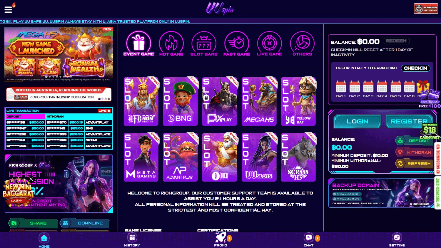 Uuspin Casino home view on a desktop