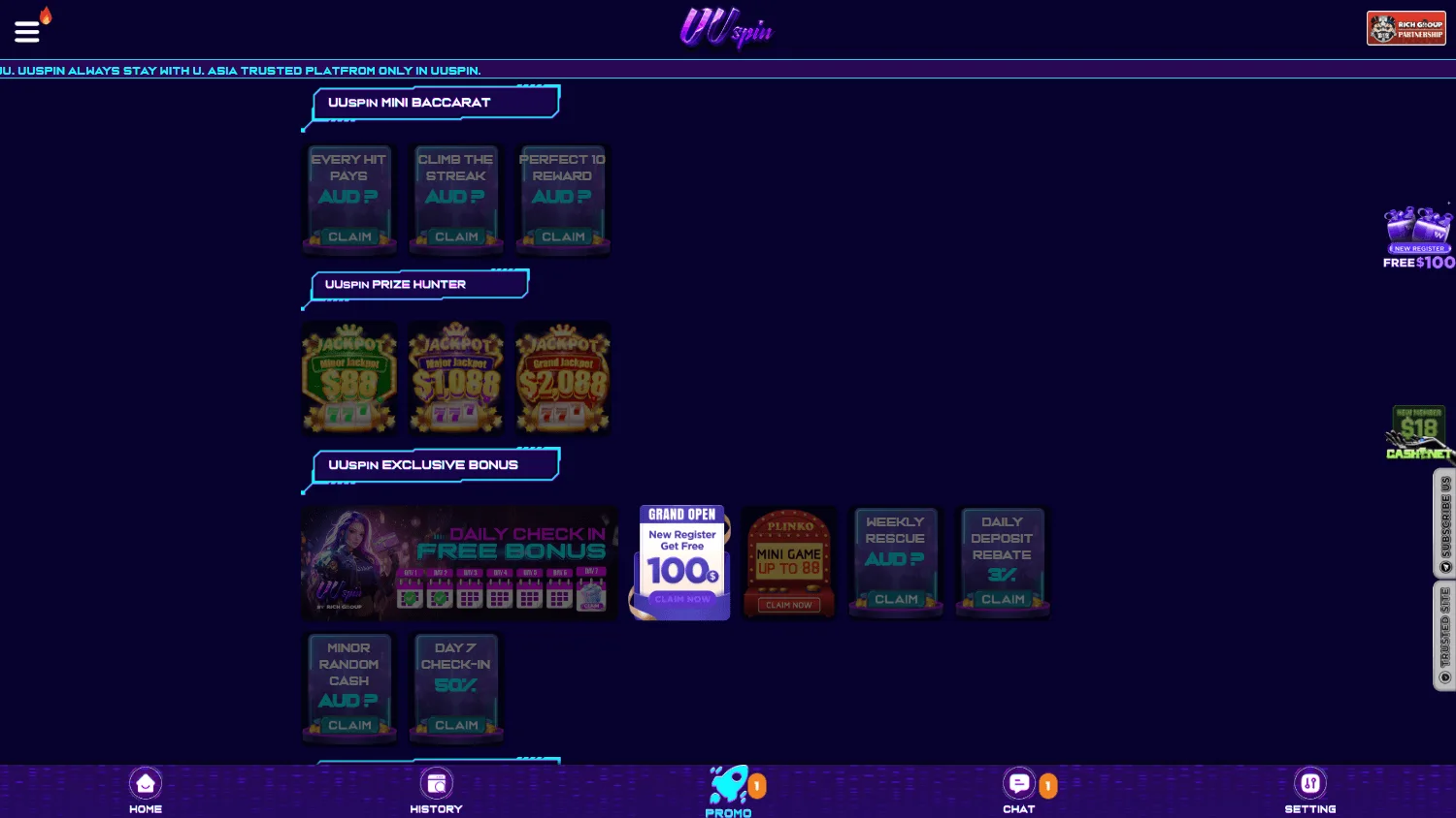 Uuspin Casino promotions view on a desktop